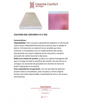 COLCHON D28 135X190X17+3 V D42 + FUNDA Y EMBOLSADO INDIVIDUAL