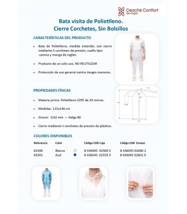 Bata Polietileno blanca con cierres con corchetes